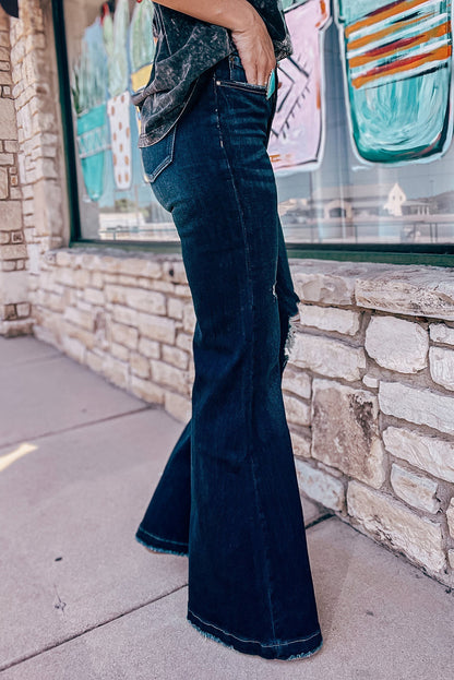 Echte blaugrüne, zerrissene Bell-Bottom-Jeans mit hohem Bund