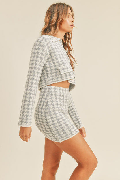 Blue Houndstooth Cropped Knit Cardigan & Mini Skirt Set