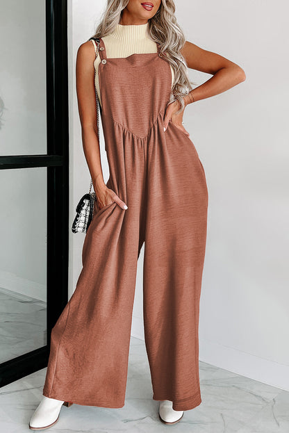 Black Textured Adjustable Straps Ruched Wide Leg Jumpsuit