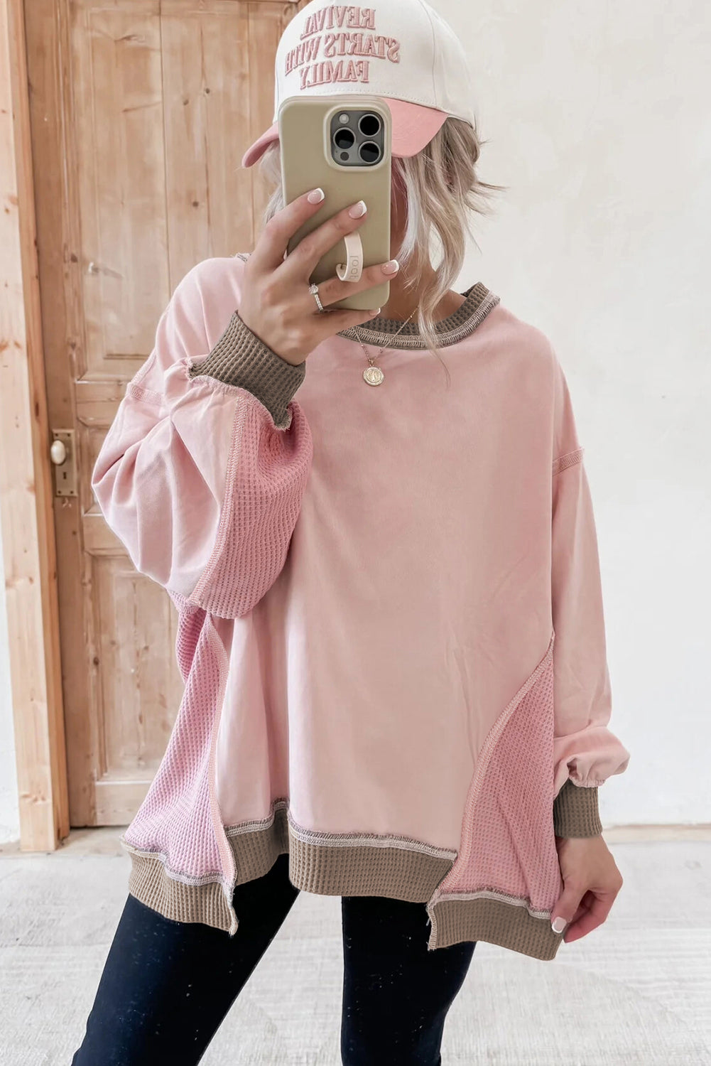 Light Pink Colorblock Waffle Patchwork Oversize Sweatshirt