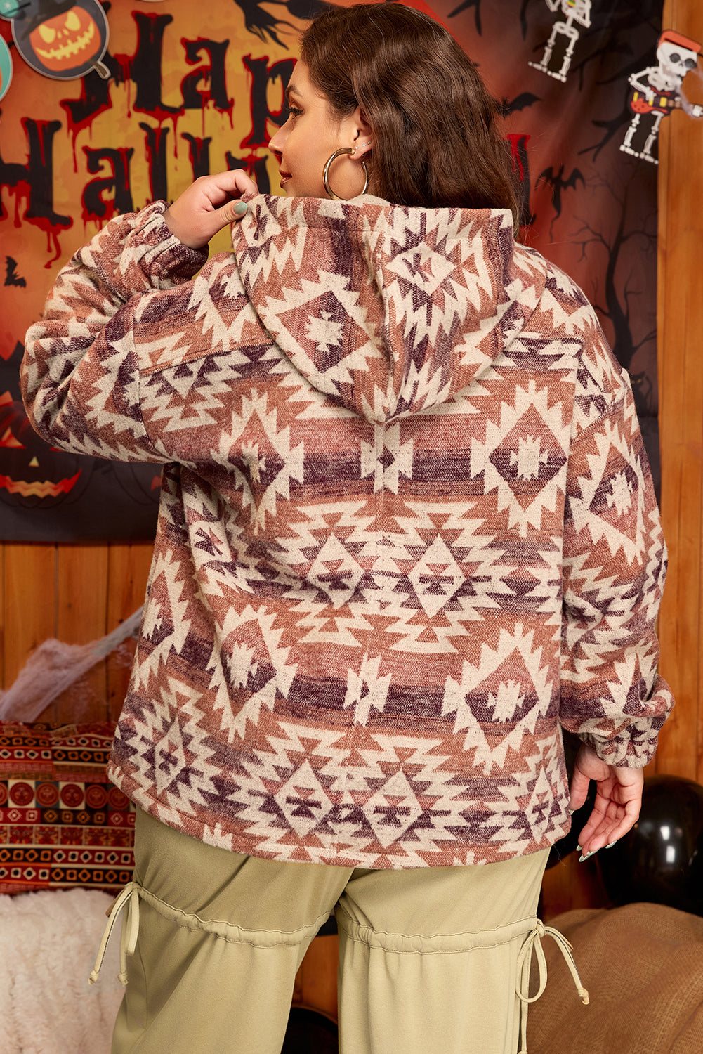 Red Western Fashion Aztec Patterned Half Zip Plus Size Hoodie