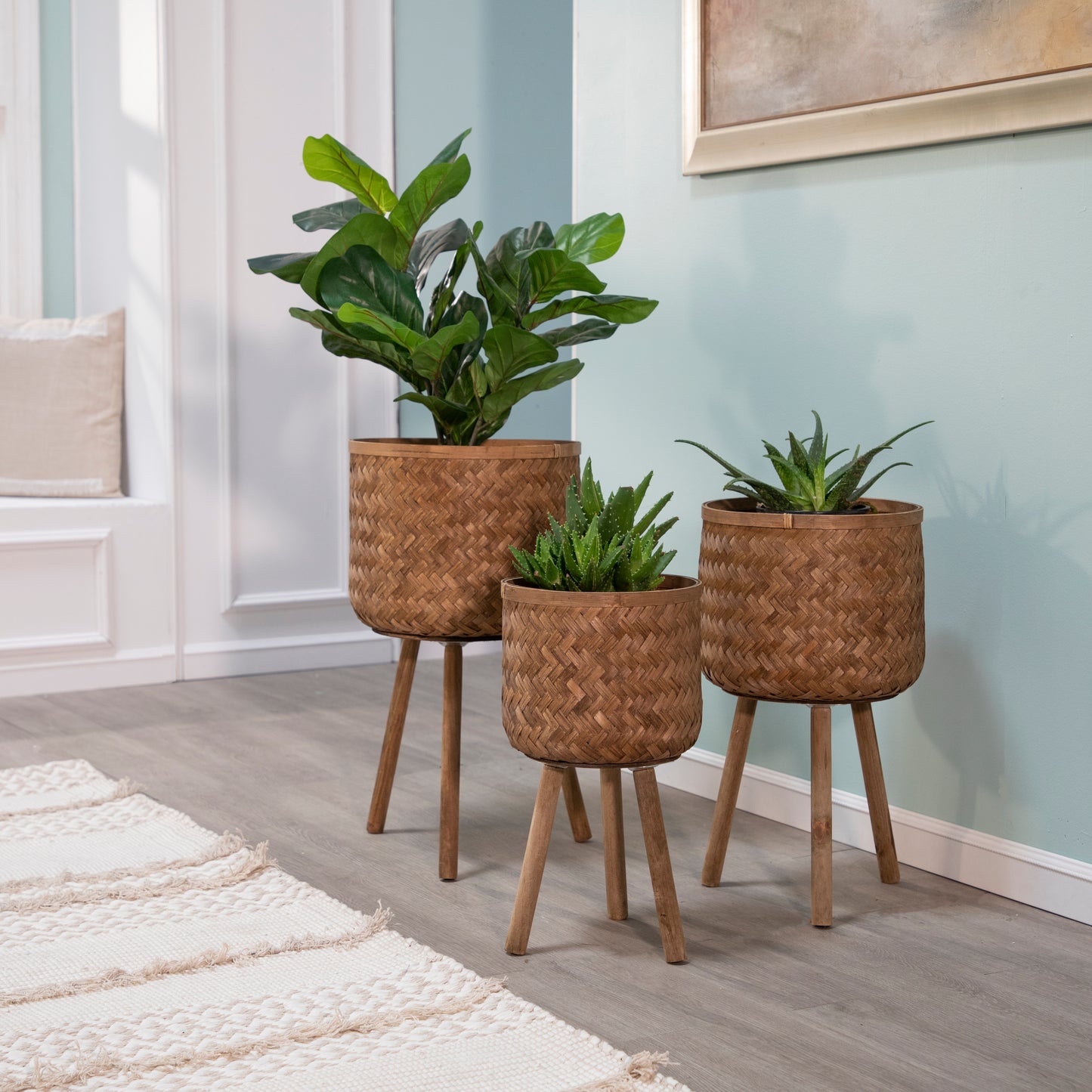 Brown Bamboo Planters w/ Plant Stand