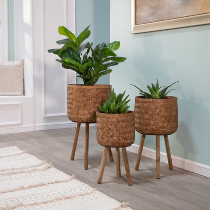 Brown Bamboo Planters w/ Plant Stand