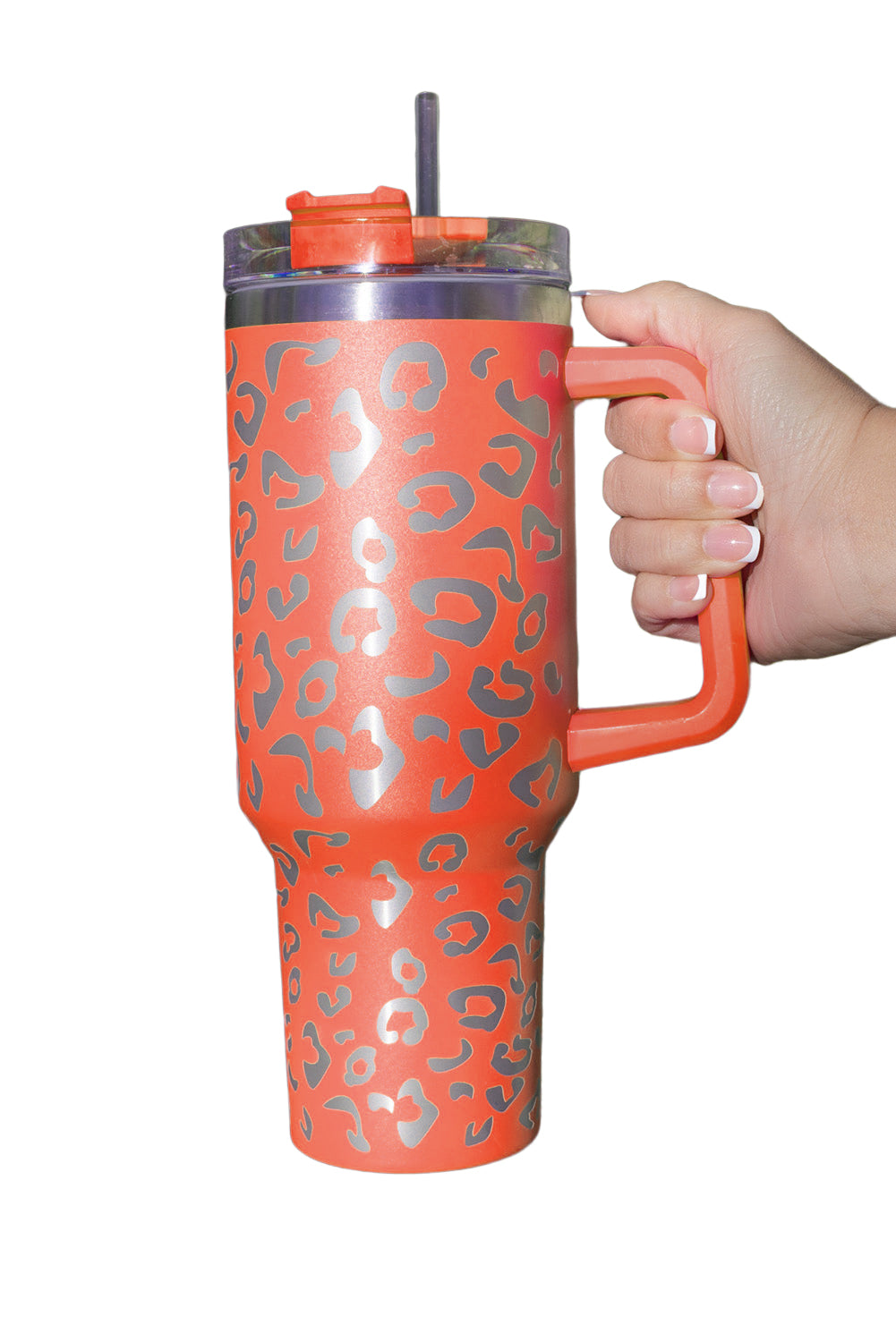 Taza de vaso con aislamiento doble, acero inoxidable, manchado de leopardo, rosa 304, con asa