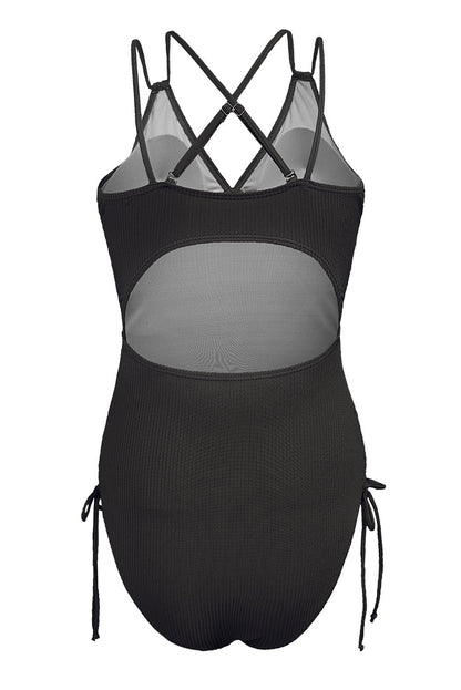 Black Adjustable Straps Ribbed Knit Backless One Piece Swimsuit