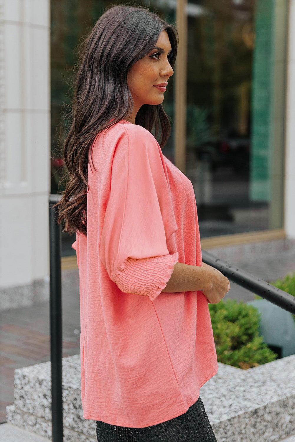 Apricot Solid Casual Smocked Cuffs Batwing Sleeve Blouse