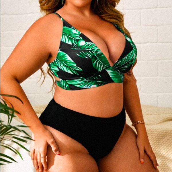 Plus Size Tropical Print Crisscross Top & High Waist Bikini