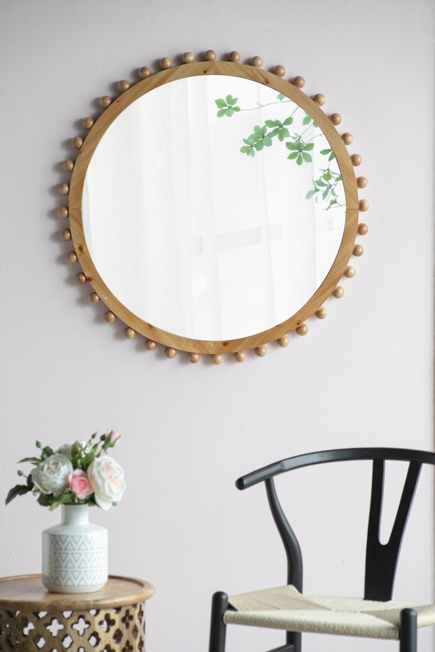 Wood Round Mirror w/ Beaded Frame