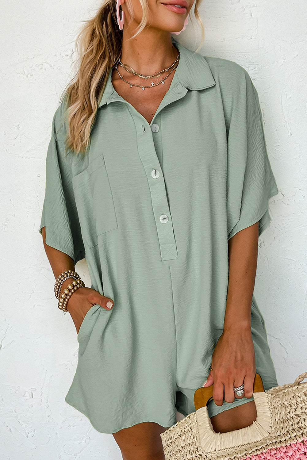 Apricot Plain Half Button Collared Pocket Loose Romper