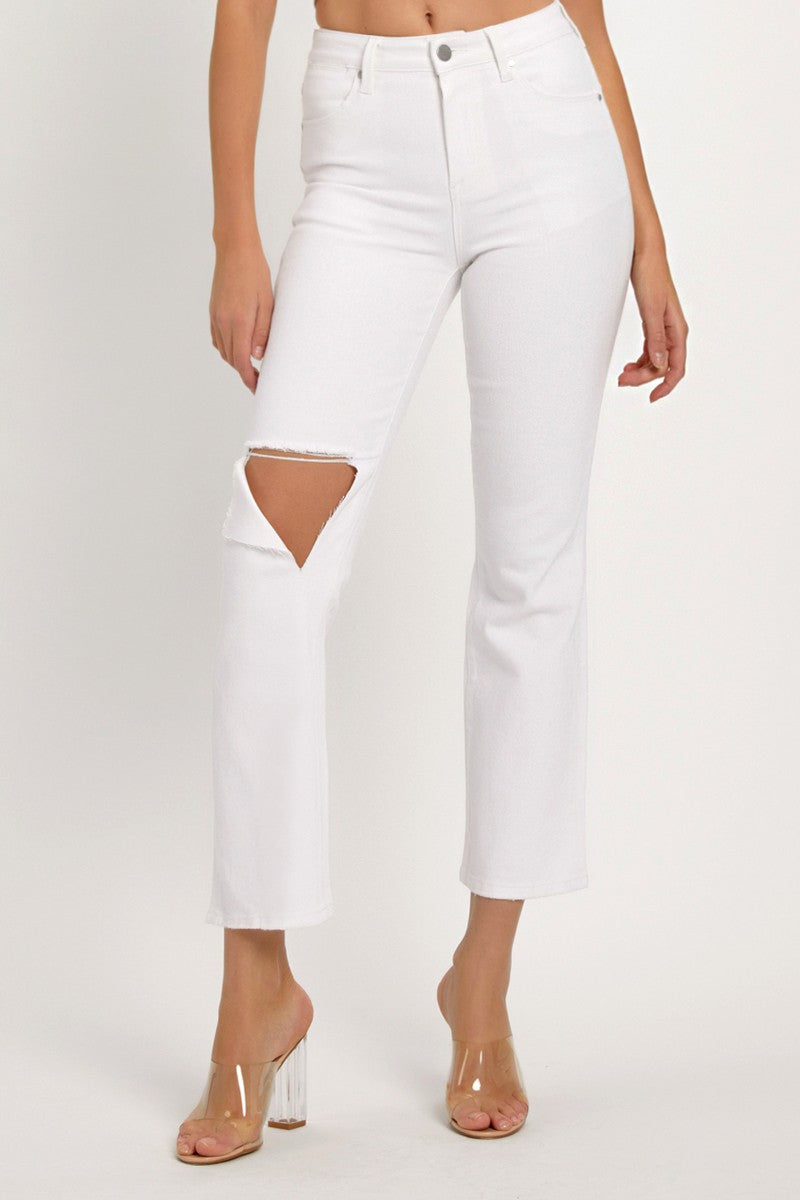 White Distressed Cropped Straight Jeans