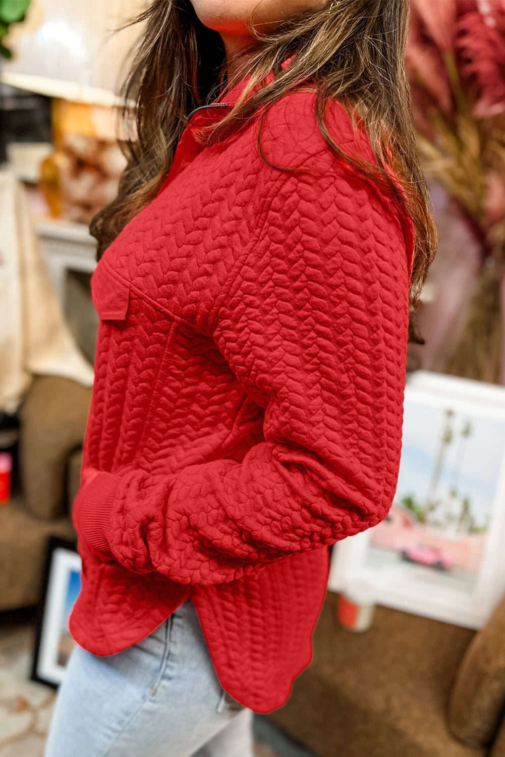 Tomato Red Cable Textured Quarter Zip Pocketed Plus Size Pullover