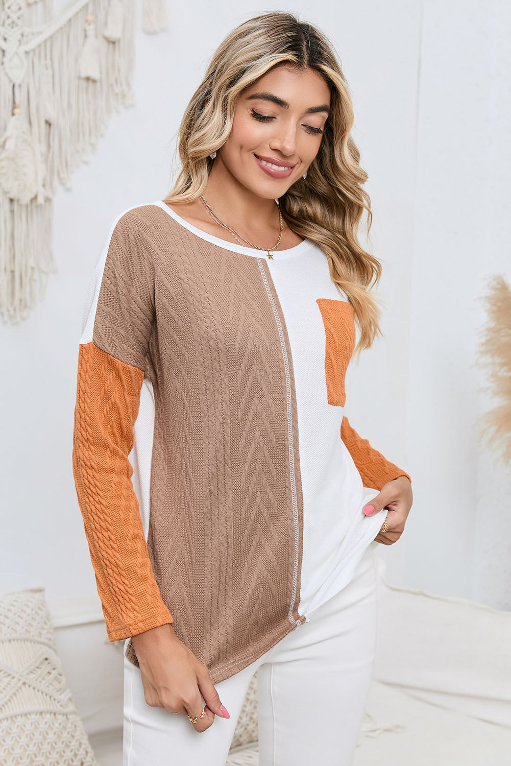 Long Sleeve Colorblock Chest Pocket Textured Knit Top