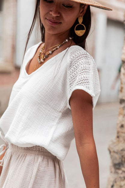 White Lace Crochet Textured Button Back V Neck T Shirt