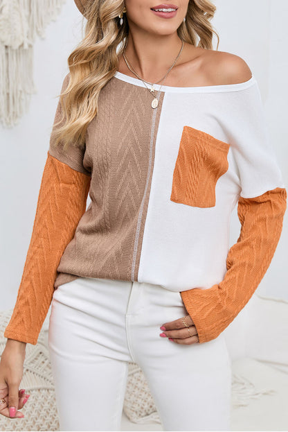 Long Sleeve Colorblock Chest Pocket Textured Knit Top