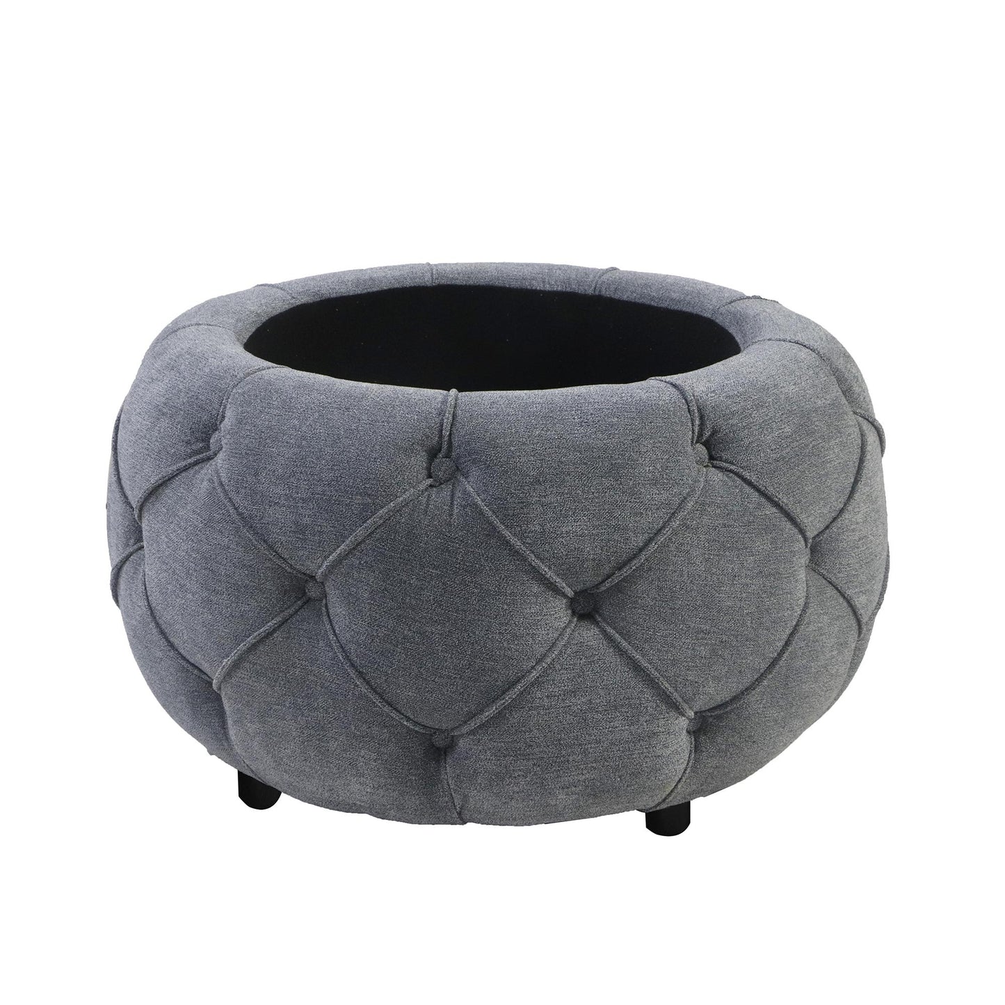 Grey Large Button Tufted Woven Round Storage Footstool