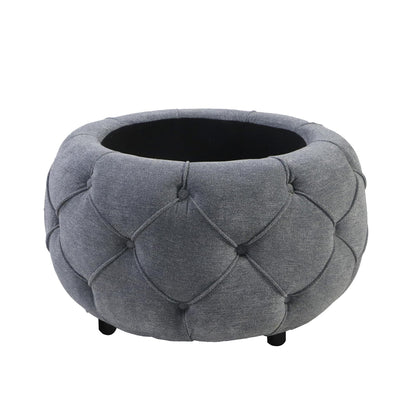 Grey Large Button Tufted Woven Round Storage Footstool