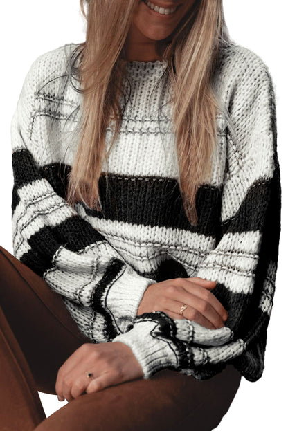 Casual Stripe Knit Puff Sleeve Sweater