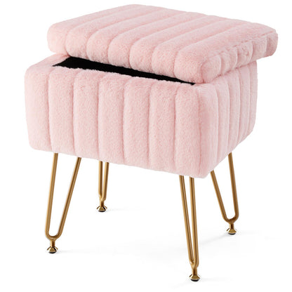 Pink Faux Fur Vanity Stool Chair w/ Storage
