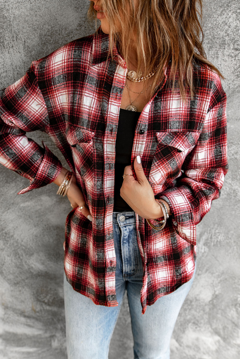 Button Up Collared Flannel Shirt Shacket with Flap Pockets