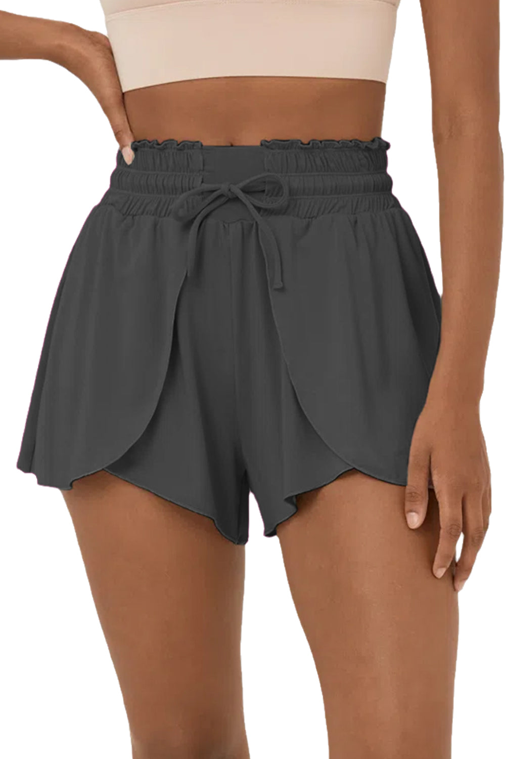 Shorts de baño cruzados con pétalos y cintura alta con volante gris oscuro