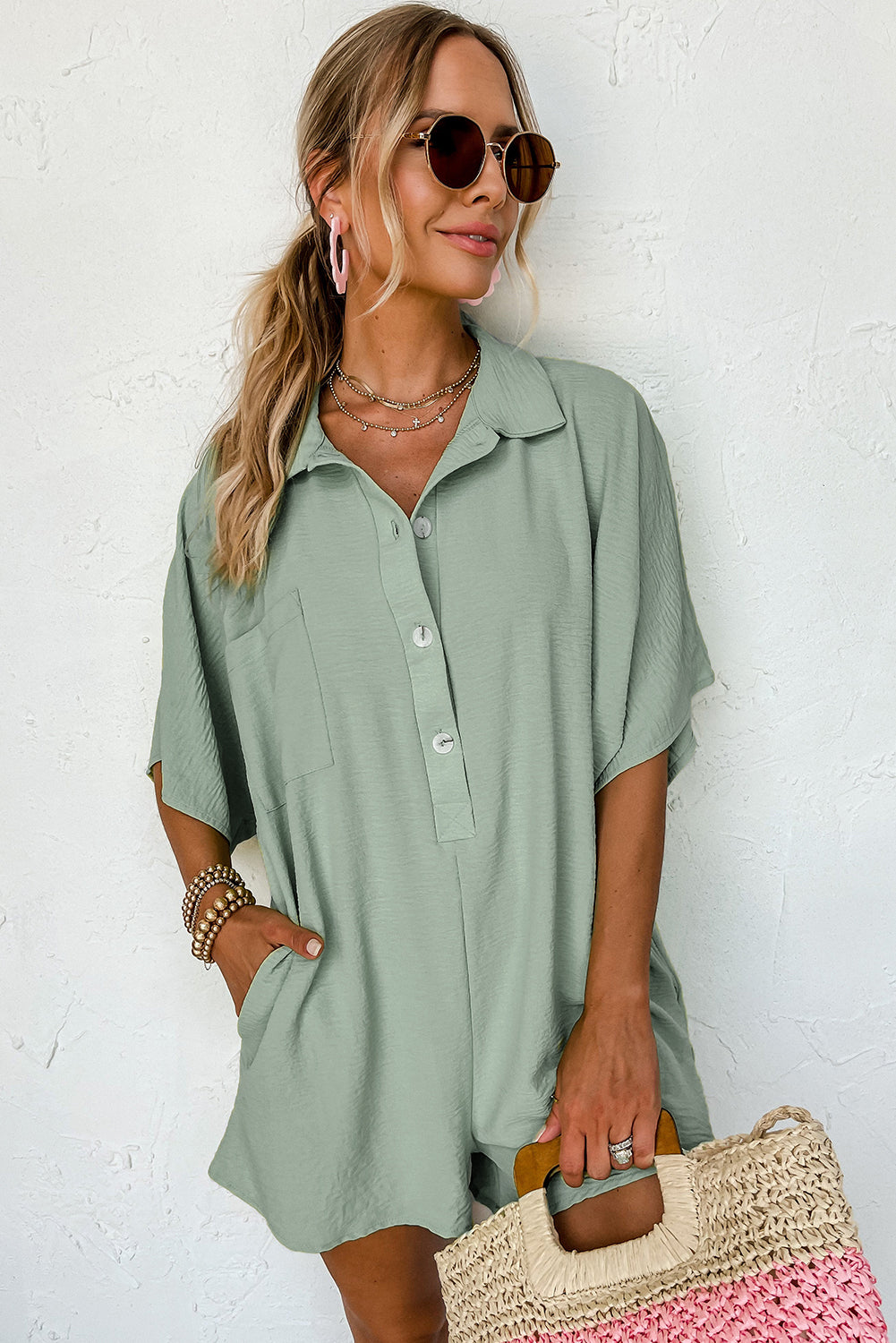 Apricot Plain Half Button Collared Pocket Loose Romper