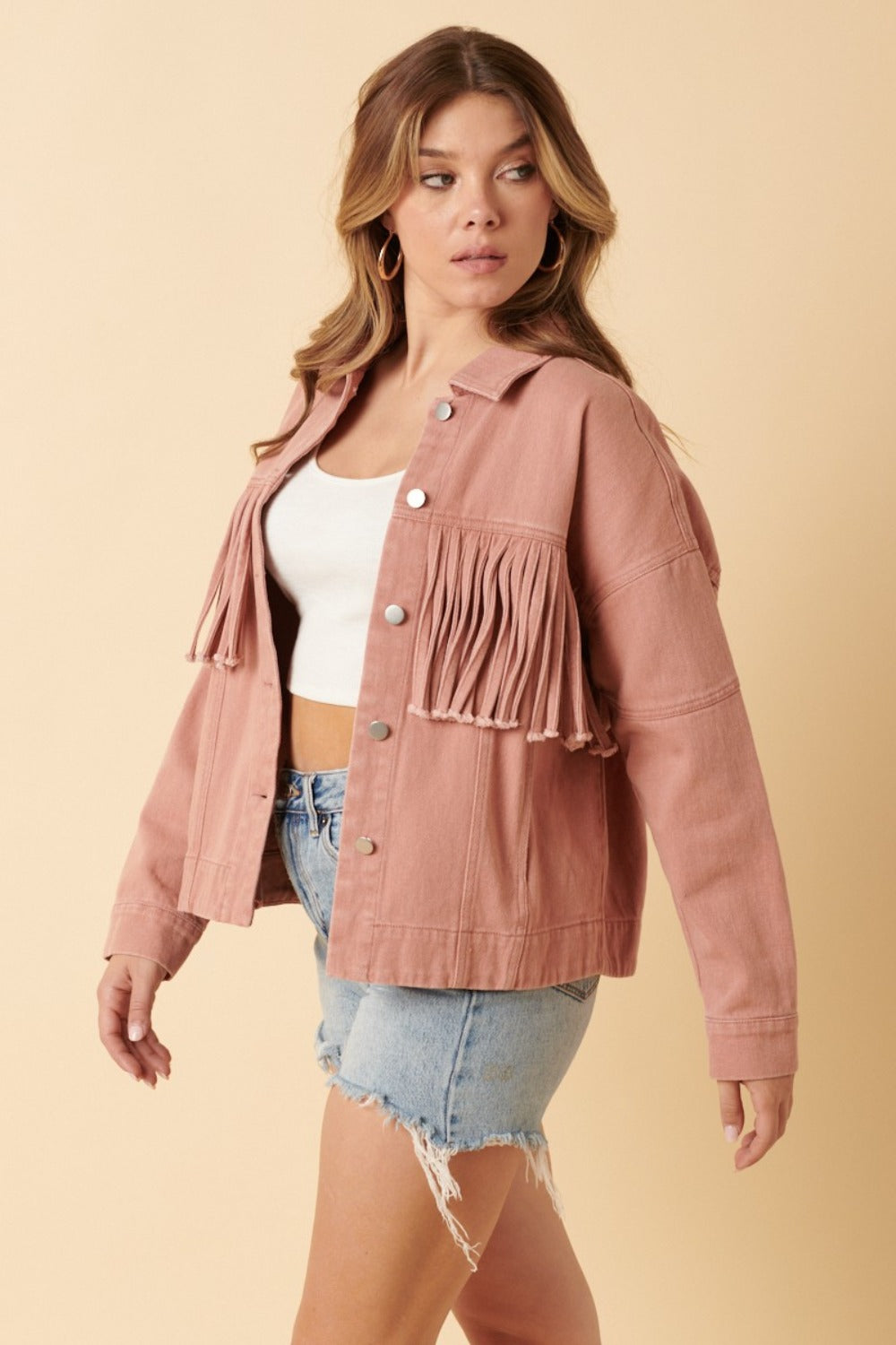 Dusty Blush Fringe Detail Cotton Twill Jacket