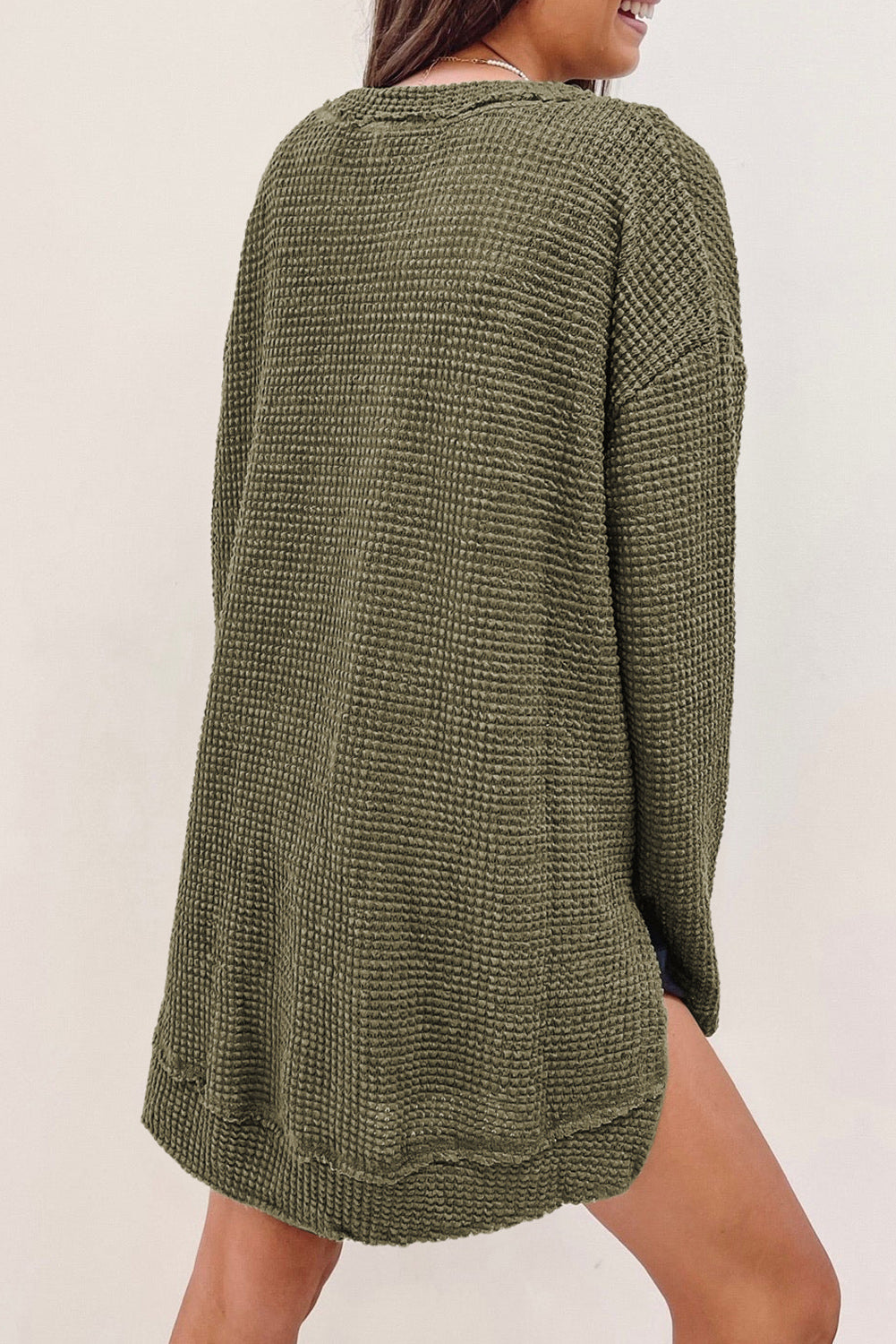 Waffle Knit Drop Sleeve High Slits Oversized Top