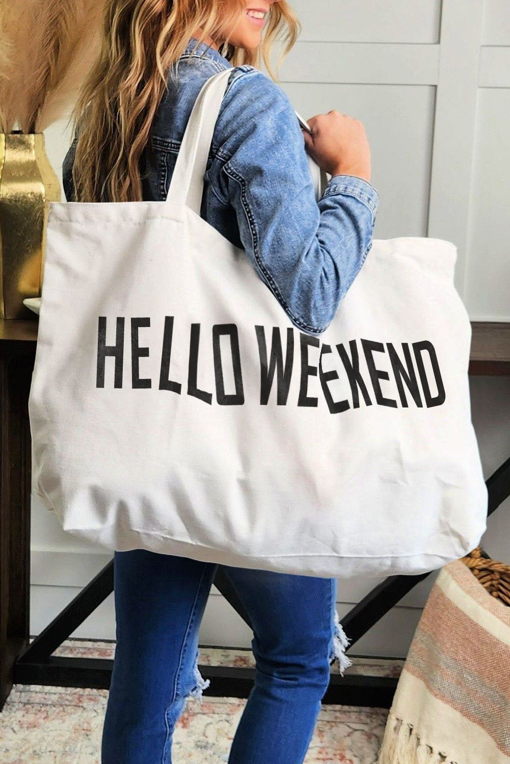 Bolso de hombro grande HELLO WEEKEND de lona blanca