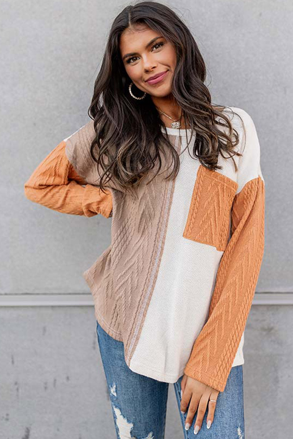 Long Sleeve Colorblock Chest Pocket Textured Knit Top