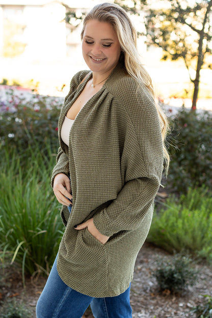 Seagrass Waffle Knit Drop Shoulder Plus Size Cardigan