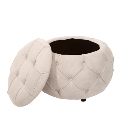 Beige Large Button Tufted Woven Round Storage Footstool