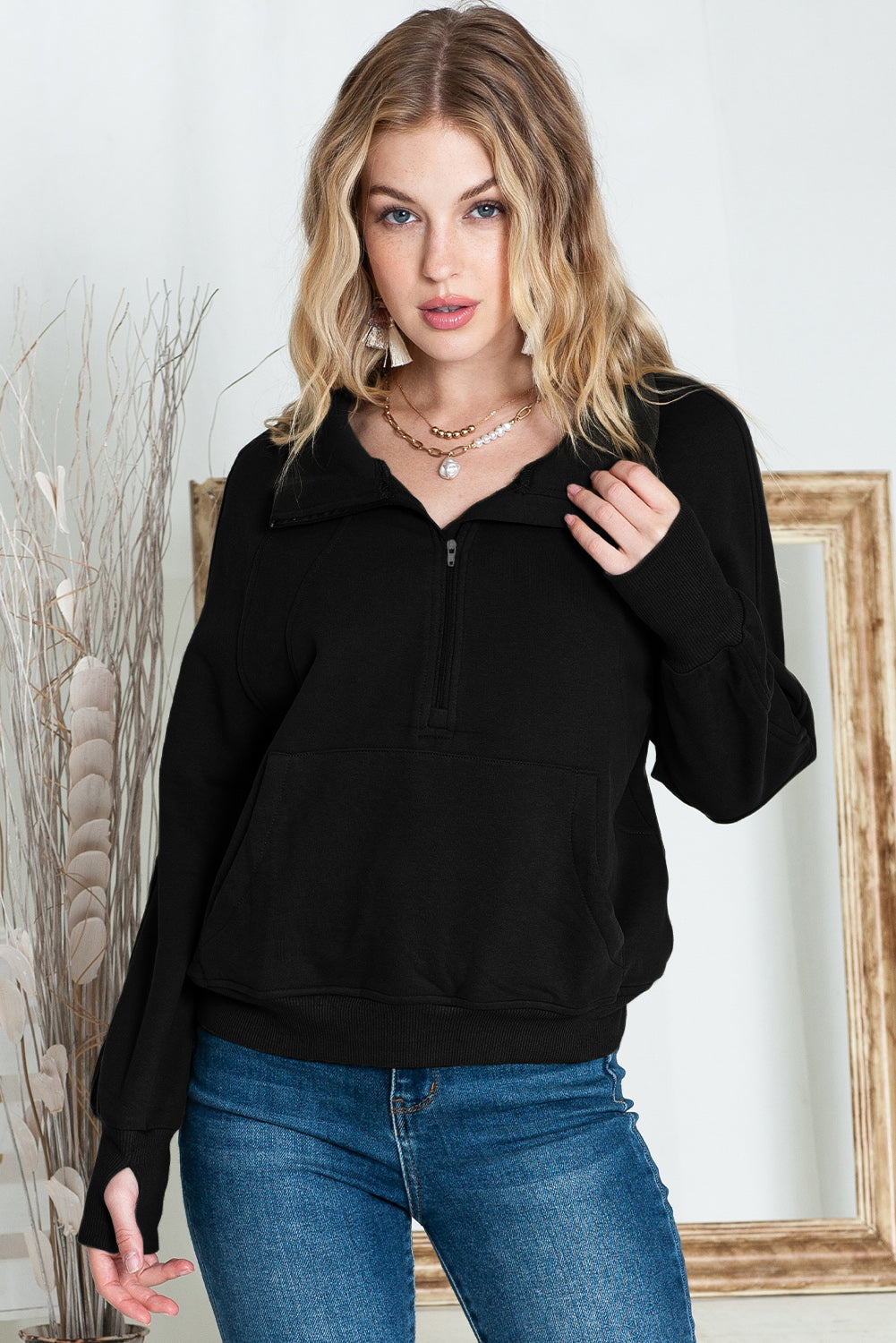 Zip Up Thumbhole Sleeve Sweatshirt