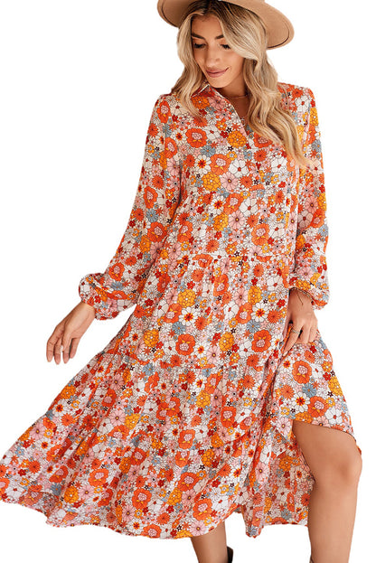 Vestido de manga larga con cuello floral bohemio multicolor