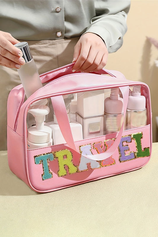 Bolsa de maquillaje de PVC transparente con letras de chenilla de TRAVEL negra