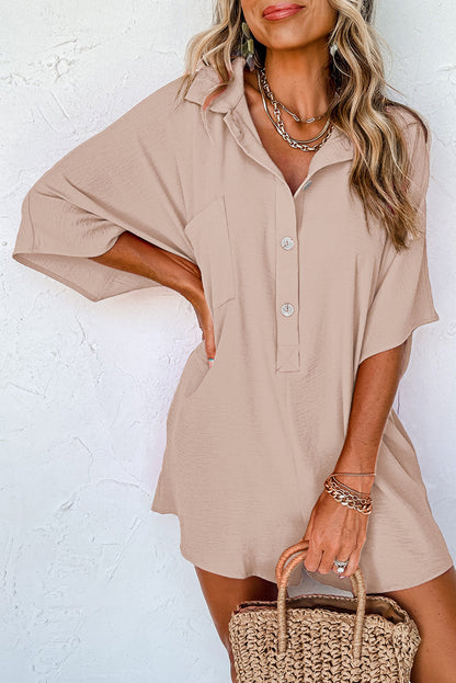 Apricot Plain Half Button Collared Pocket Loose Romper