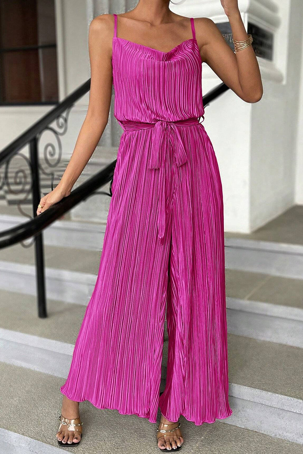 Bright Pink Belted Drape Pleated Wide Leg Jumpsuit