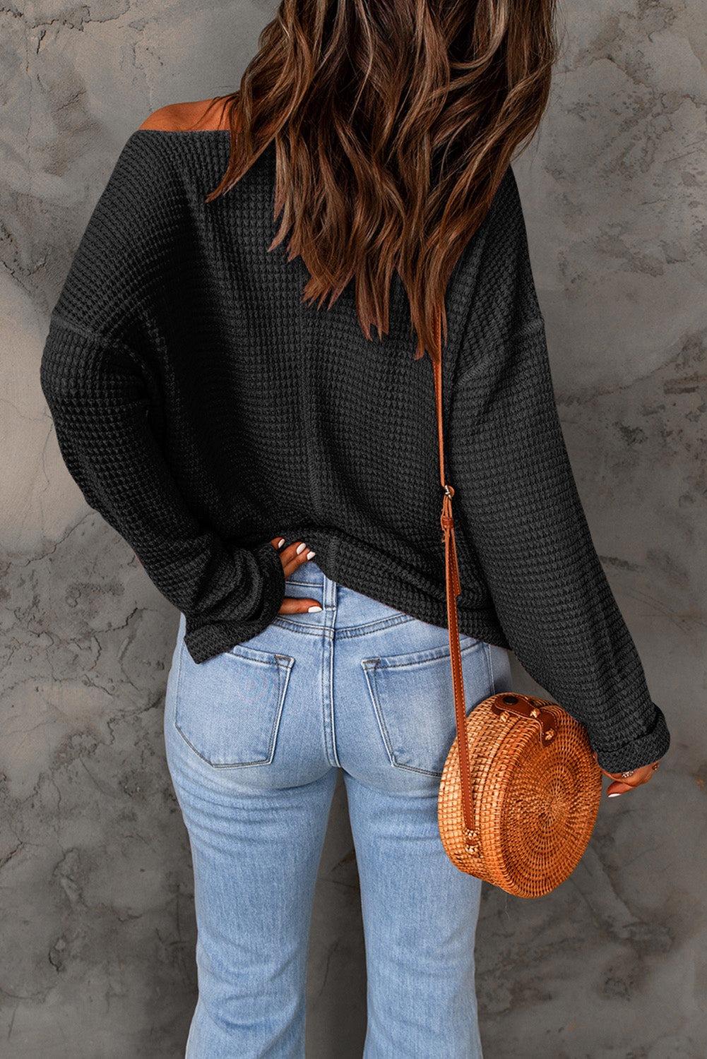 Waffle Drop Shoulder Long Sleeve Top