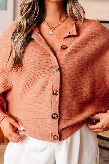 Apricot Pink Wide Rib Knit Button Front Dolman Sleeve Sweater Cardigan
