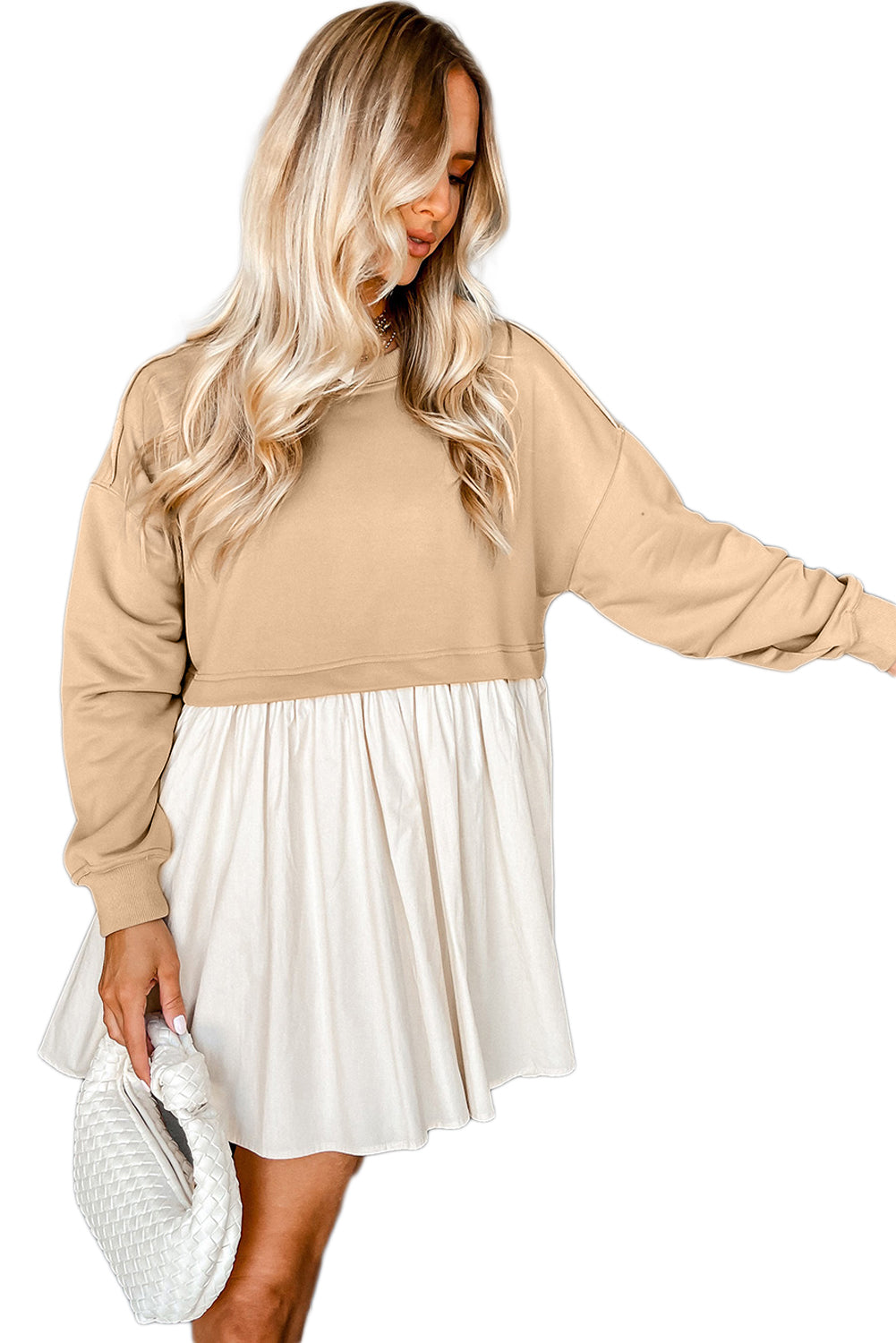 Khaki Sweatshirt 2-in-1 Flowy Pleated Mini Dress