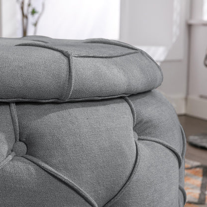 Grey Large Button Tufted Woven Round Storage Footstool