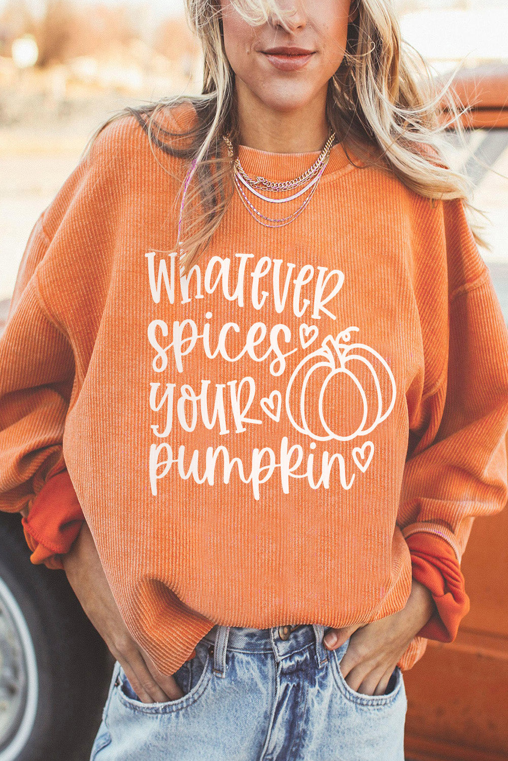 Orange Pumpkin Letter Print Oversized Crinkle Rib Sweatshirt