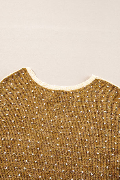 Beige Swiss Dot Drop Shoulder Patchwork Loose Knit Top