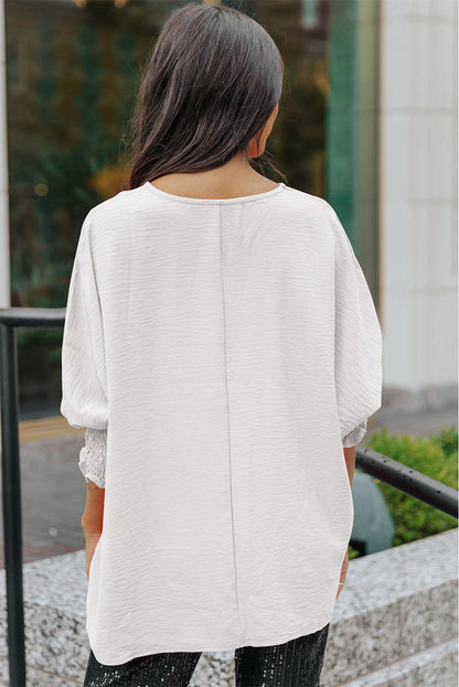 Apricot Solid Casual Smocked Cuffs Batwing Sleeve Blouse