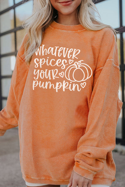 Orange Pumpkin Letter Print Oversized Crinkle Rib Sweatshirt