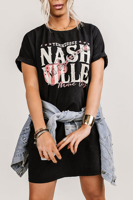 Vestido camiseta negro de tendencia del festival de música de Nashville