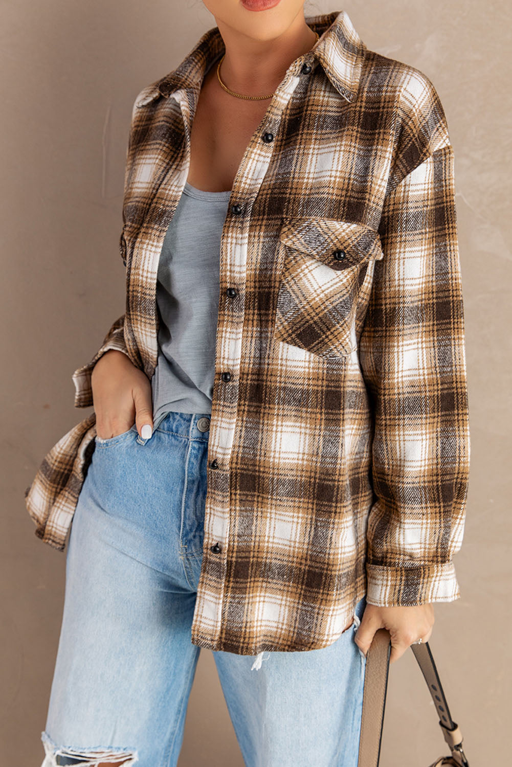 Button Up Collared Flannel Shirt Shacket with Flap Pockets