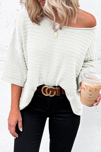 Beige Textured Knit Drop Shoulder Short Sleeve Top