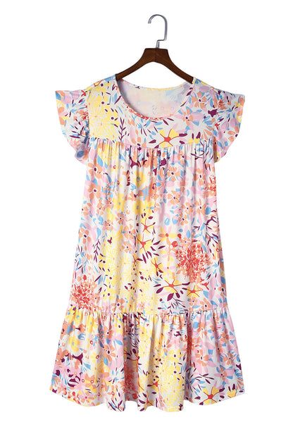 Vestido de talla grande de manga corta con volantes y estampado floral multicolor