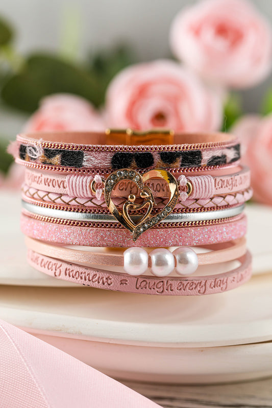 Pulsera con hebilla magnética en forma de corazón con estampado de letras de leopardo rosa