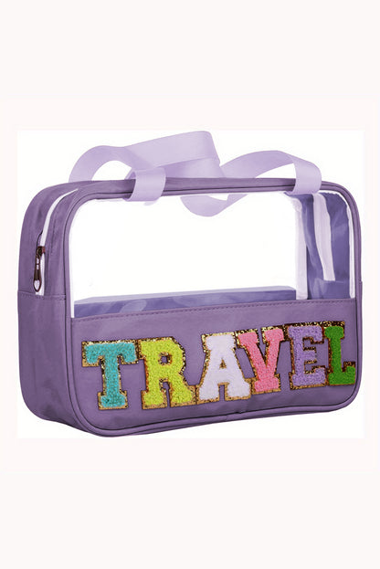 Bolsa de maquillaje de PVC transparente con letras de chenilla de TRAVEL negra